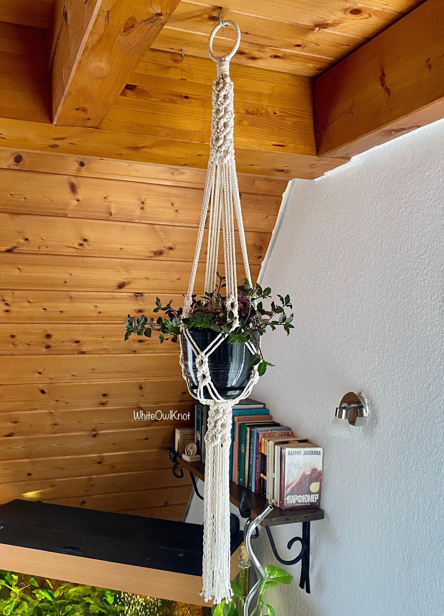 Macrame plant hanger with a plant against a wooden wall and white wall.