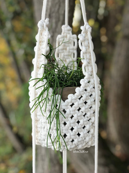 White macrame plant hanger with a plant against a blurred natural background