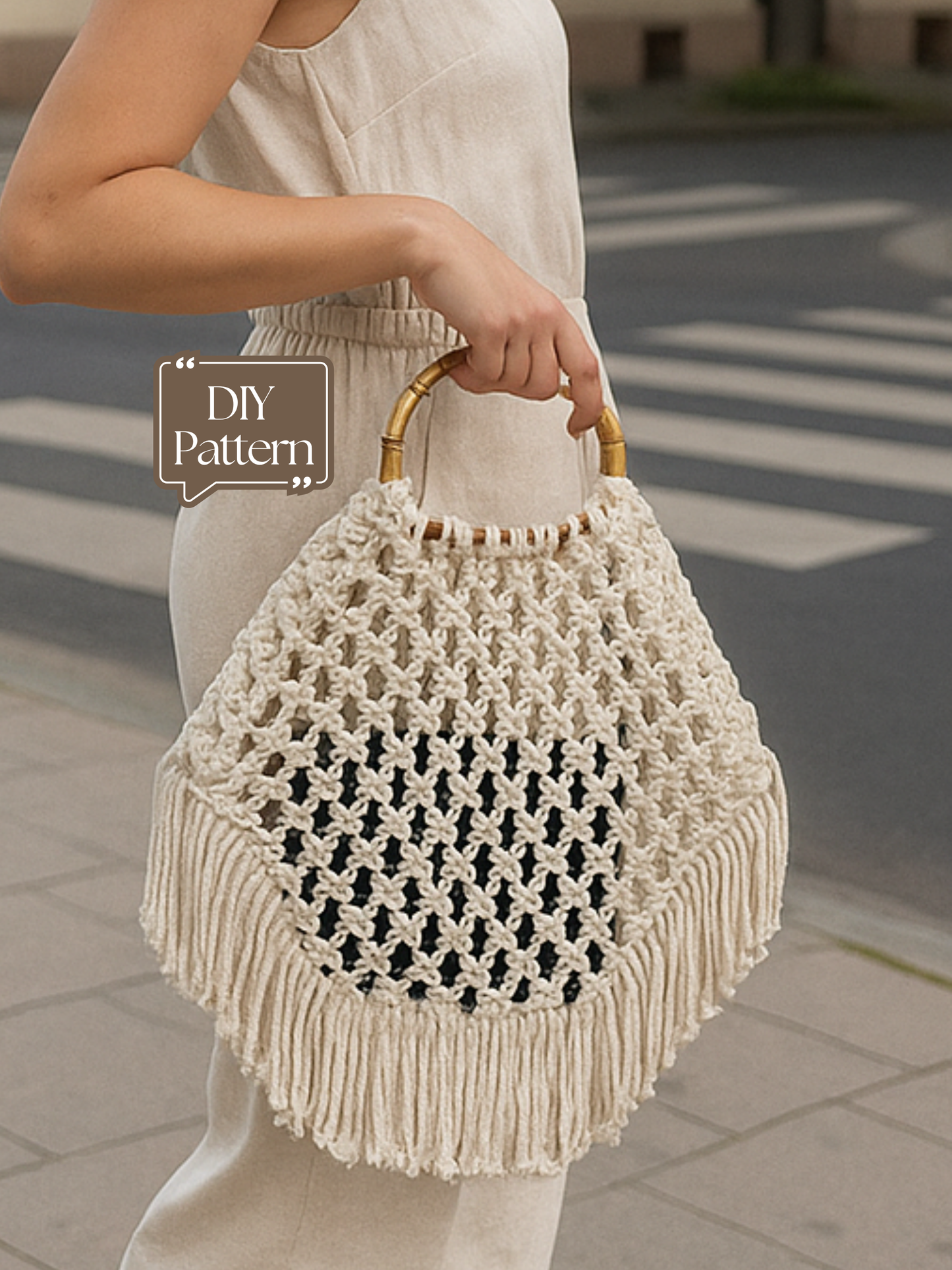 Person holding a macrame bag with 'DIY Pattern' text overlay on a blurred street background
