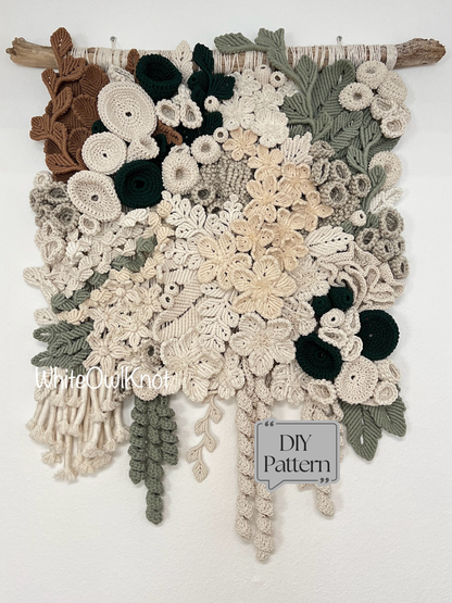 Floral Coral reef macrame and crochet wall hanging with 'DIY Pattern' label on a white background