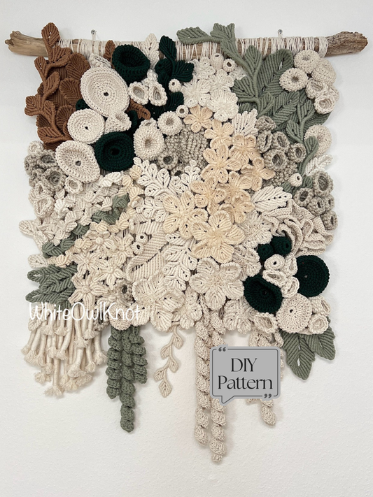 Floral Coral reef macrame and crochet wall hanging with 'DIY Pattern' label on a white background