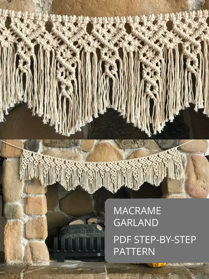 Macrame garland PDF step-by-step pattern, close-up of boho wall decor design shown on a stone fireplace