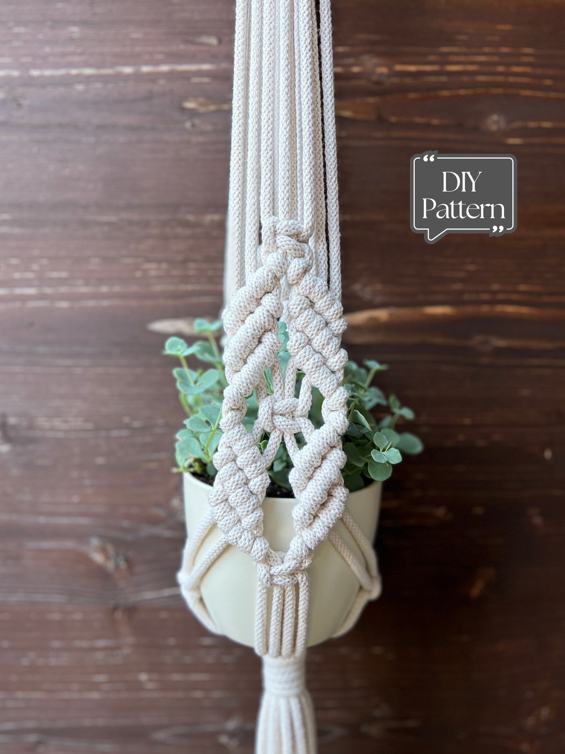 Macrame plant hanger with a plant against a wooden background, featuring 'DIY Pattern' text.