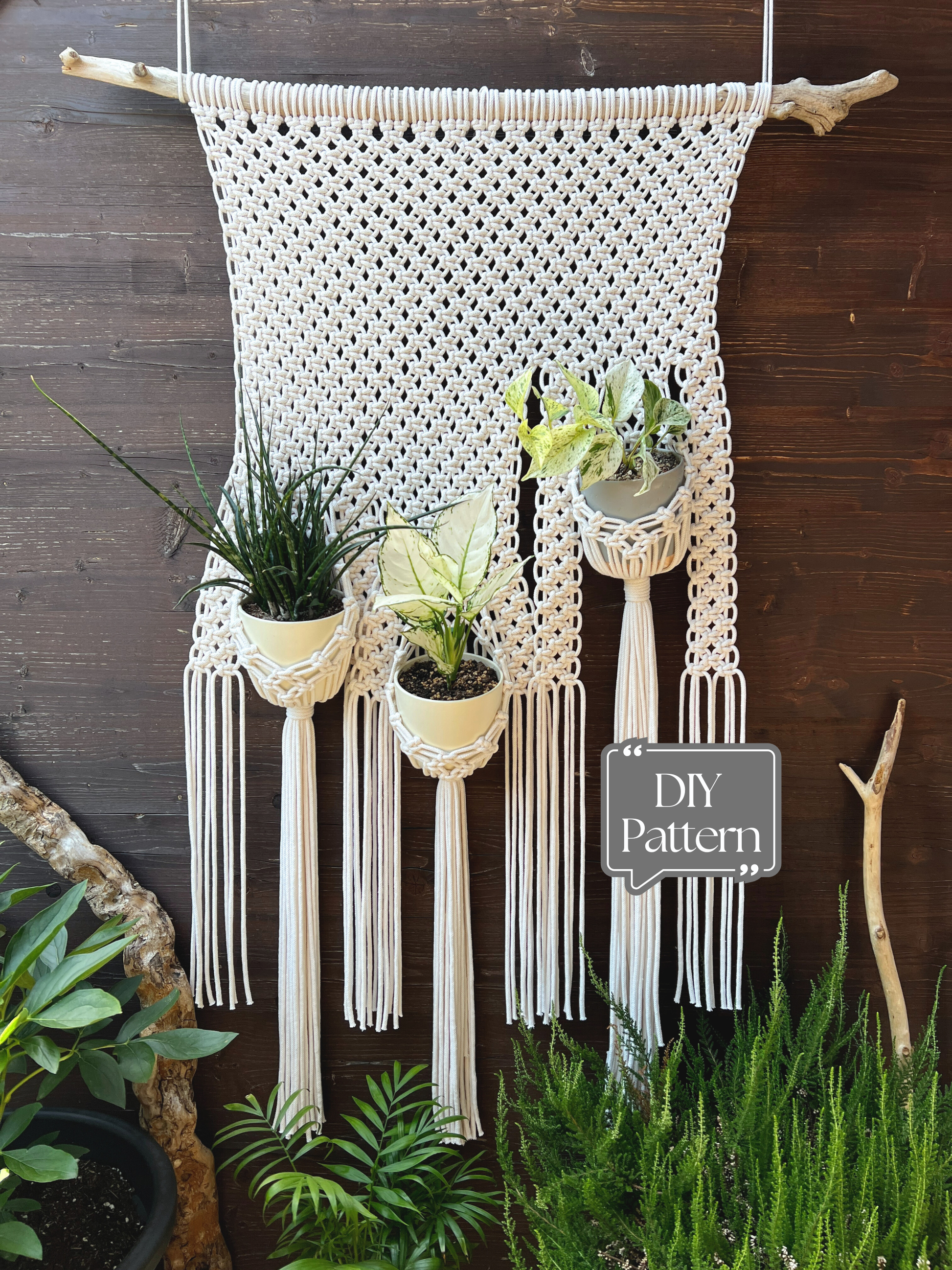 Macrame wall hanging with plant holders against a wooden background