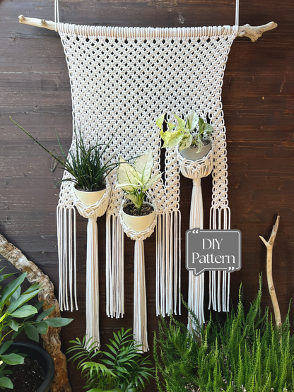 Macrame wall hanging with plant holders against a wooden background
