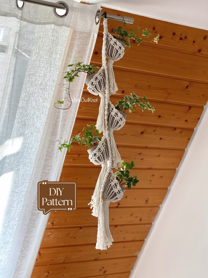 Macrame plant hanger with plants against a wooden wall