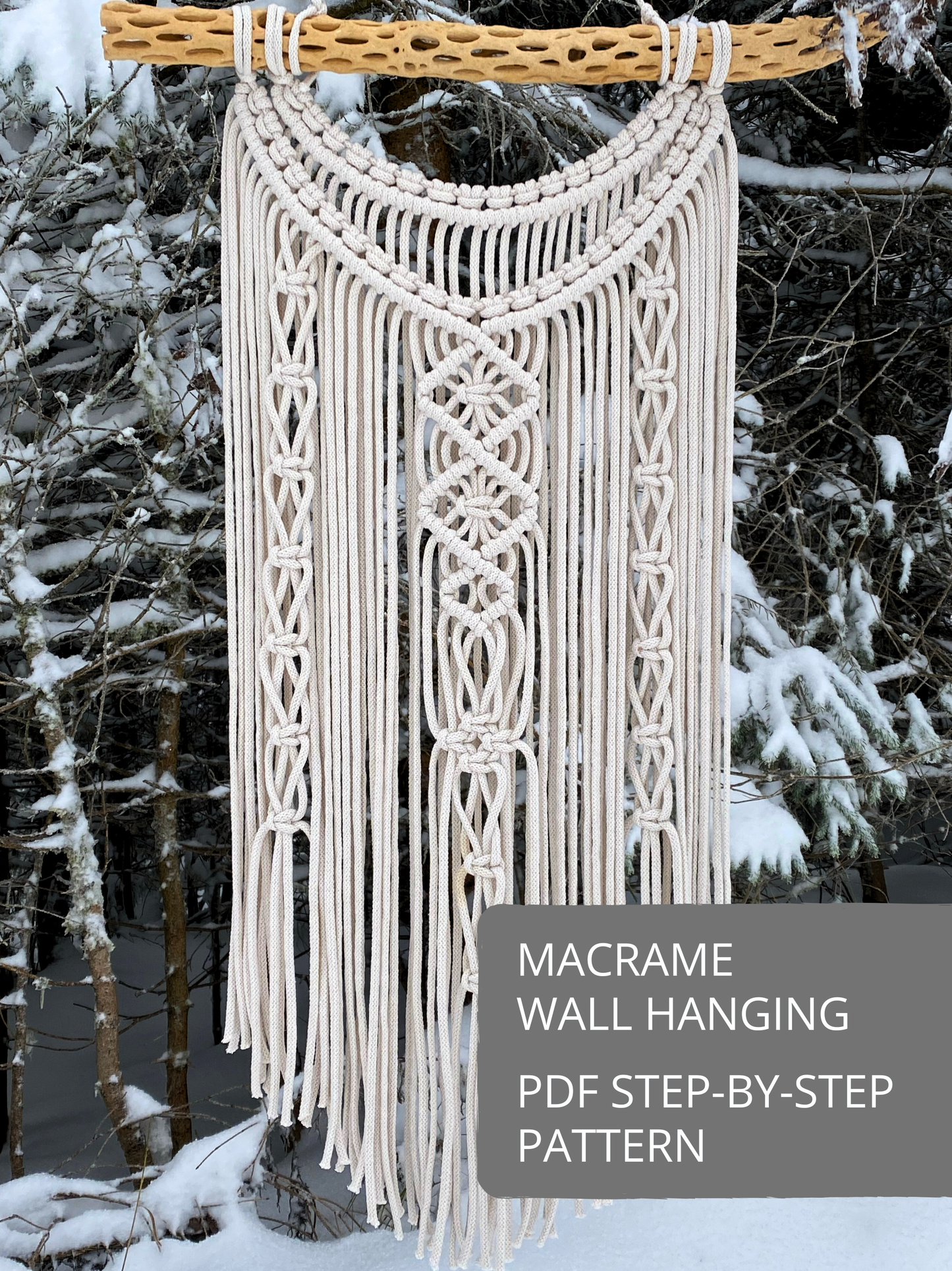 Macramé wall hanging with geometric diamond pattern and long fringe, step-by-step PDF macrame pattern for DIY wall decor