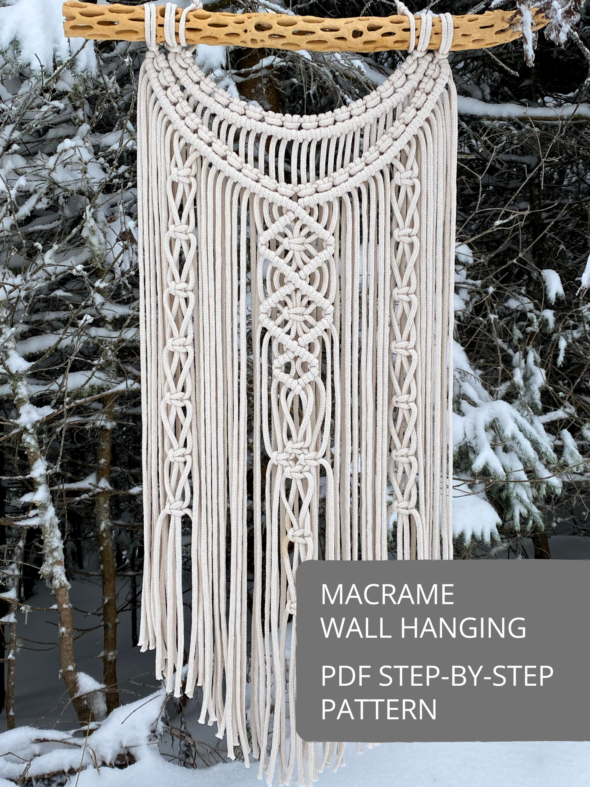 Macramé wall hanging with geometric diamond pattern and long fringe, step-by-step PDF macrame pattern for DIY wall decor