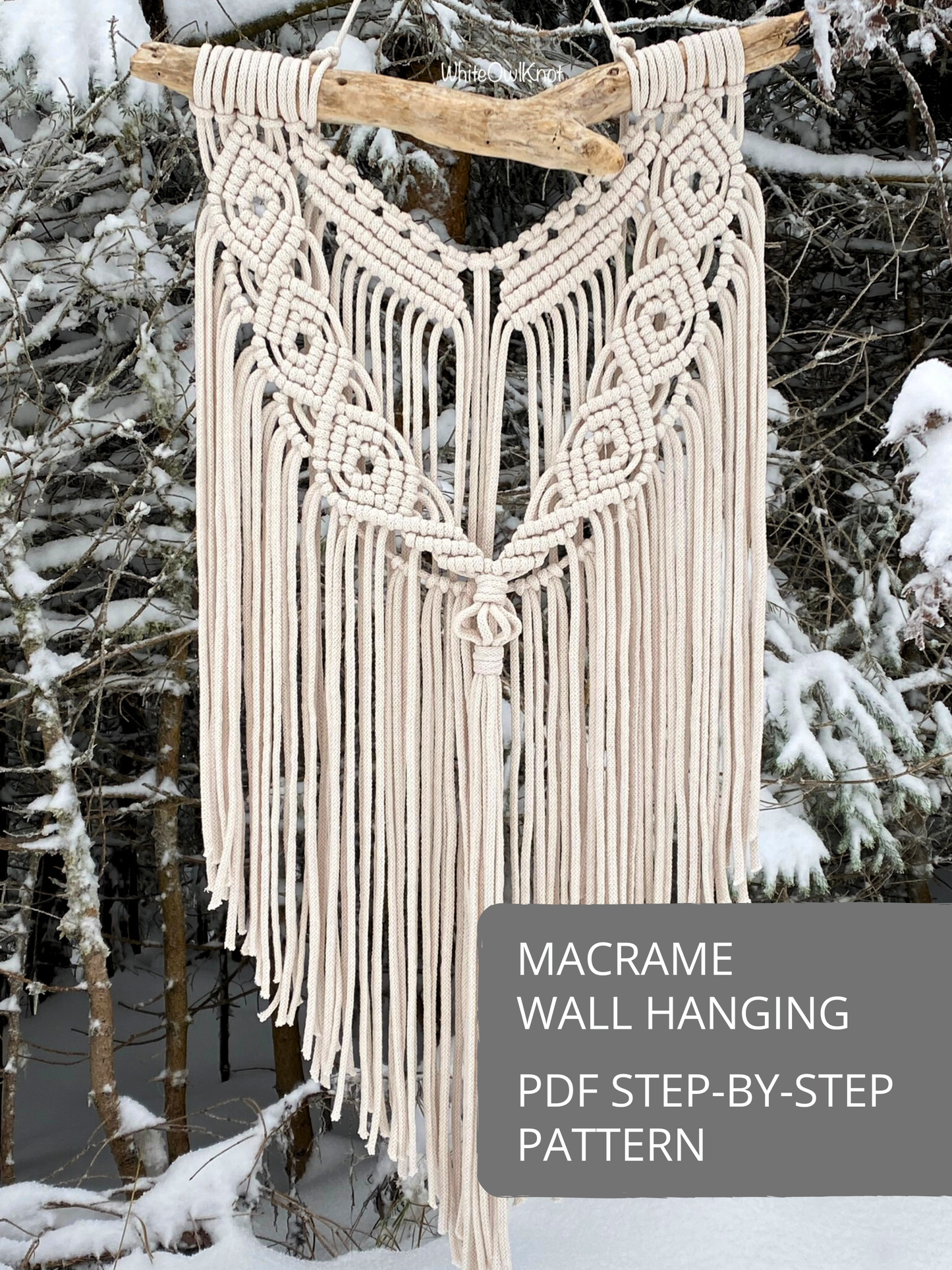 Macrame wall hanging DIY pattern with geometric knot design and long fringe, handmade boho macramé wall decor photographed outdoors in winter, step-by-step PDF tutorial pattern.