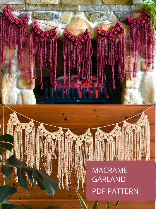 Macrame garland PDF pattern shown in two colors, boho wall decor design, digital download pattern