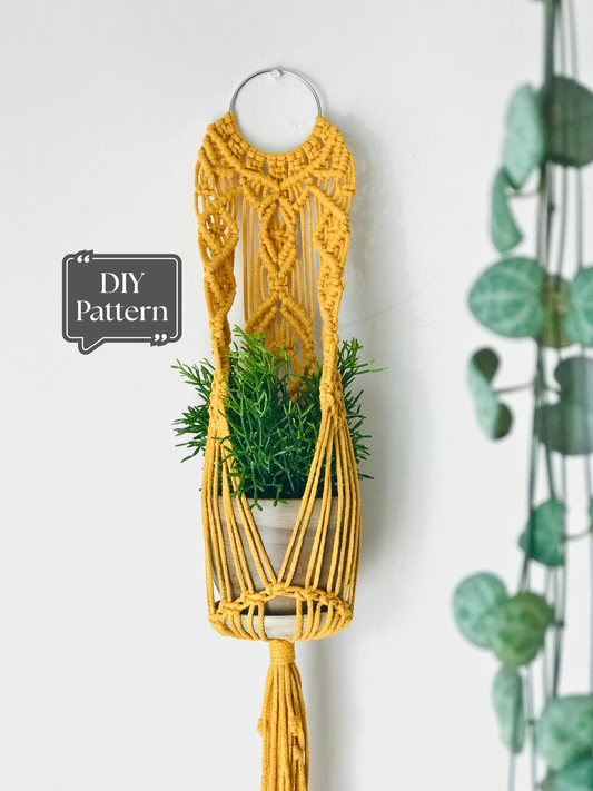 Yellow macrame plant hanger with potted plant, DIY macrame pattern design