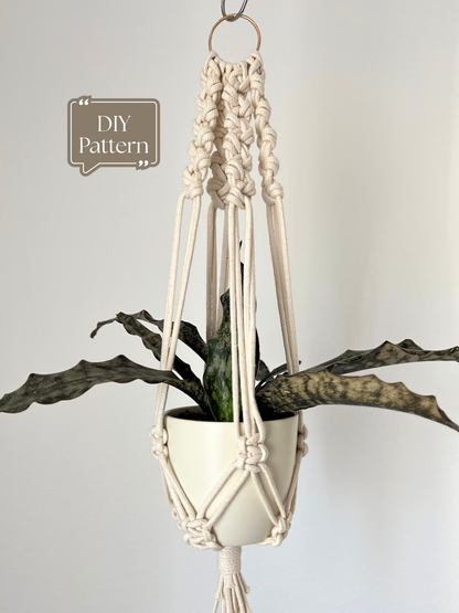 Simple white macramé plant hanger with a potted plant, featuring a minimal knot design; quick DIY macramé PDF pattern that can be made in 30 minutes.
