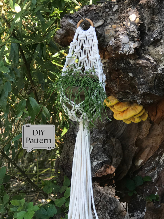 Macramé plant hanger with a nest-style basket design, hanging on a tree, featuring a wooden ring, textured knotwork, and a small potted trailing plant.