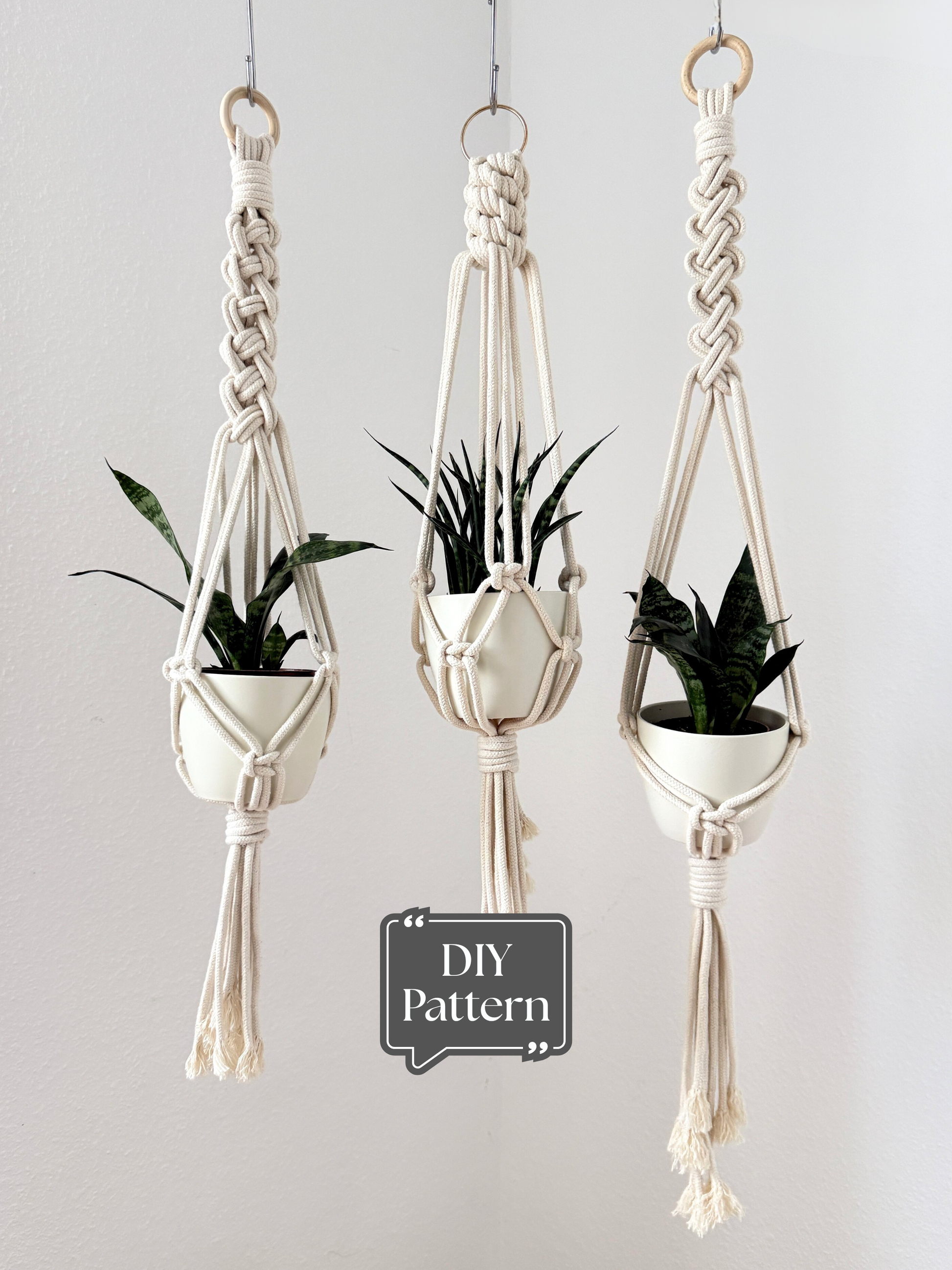 Create three minimalist macramé plant hangers with this easy, beginner-friendly PDF pattern set. Clear step-by-step instructions help you craft modern plant hangers — and save more by getting three designs in one bundle.