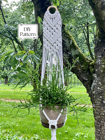 Macrame plant hanger with a plant hanging from a tree in a garden setting.