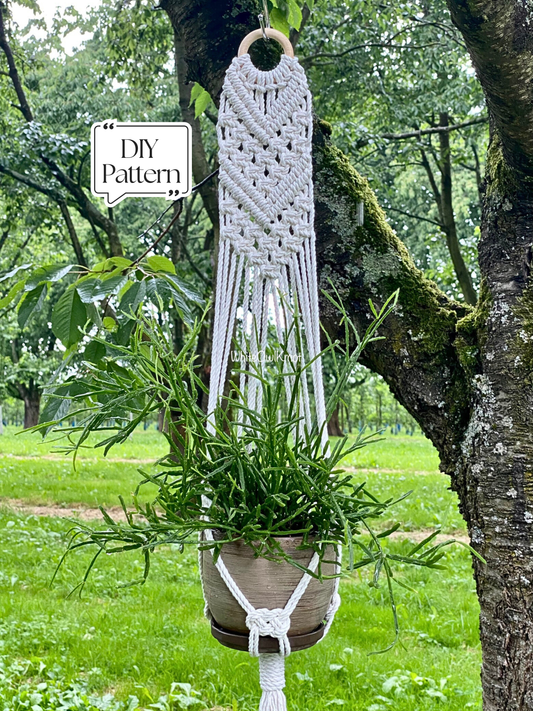 Macrame plant hanger with a plant hanging from a tree in a garden setting.