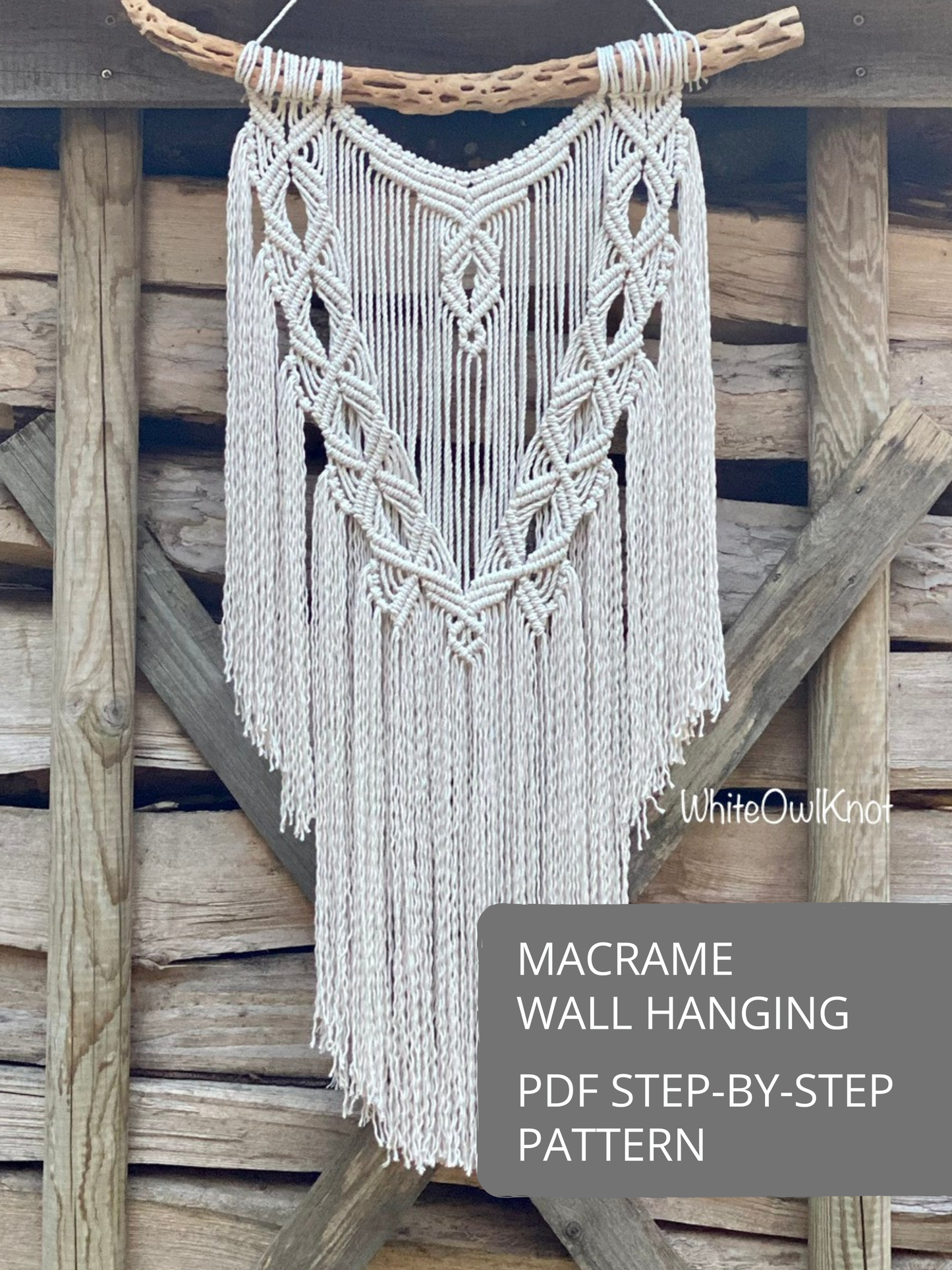 Macramé wall hanging with geometric diamond pattern and long fringe, step-by-step PDF macrame pattern for DIY wall decor