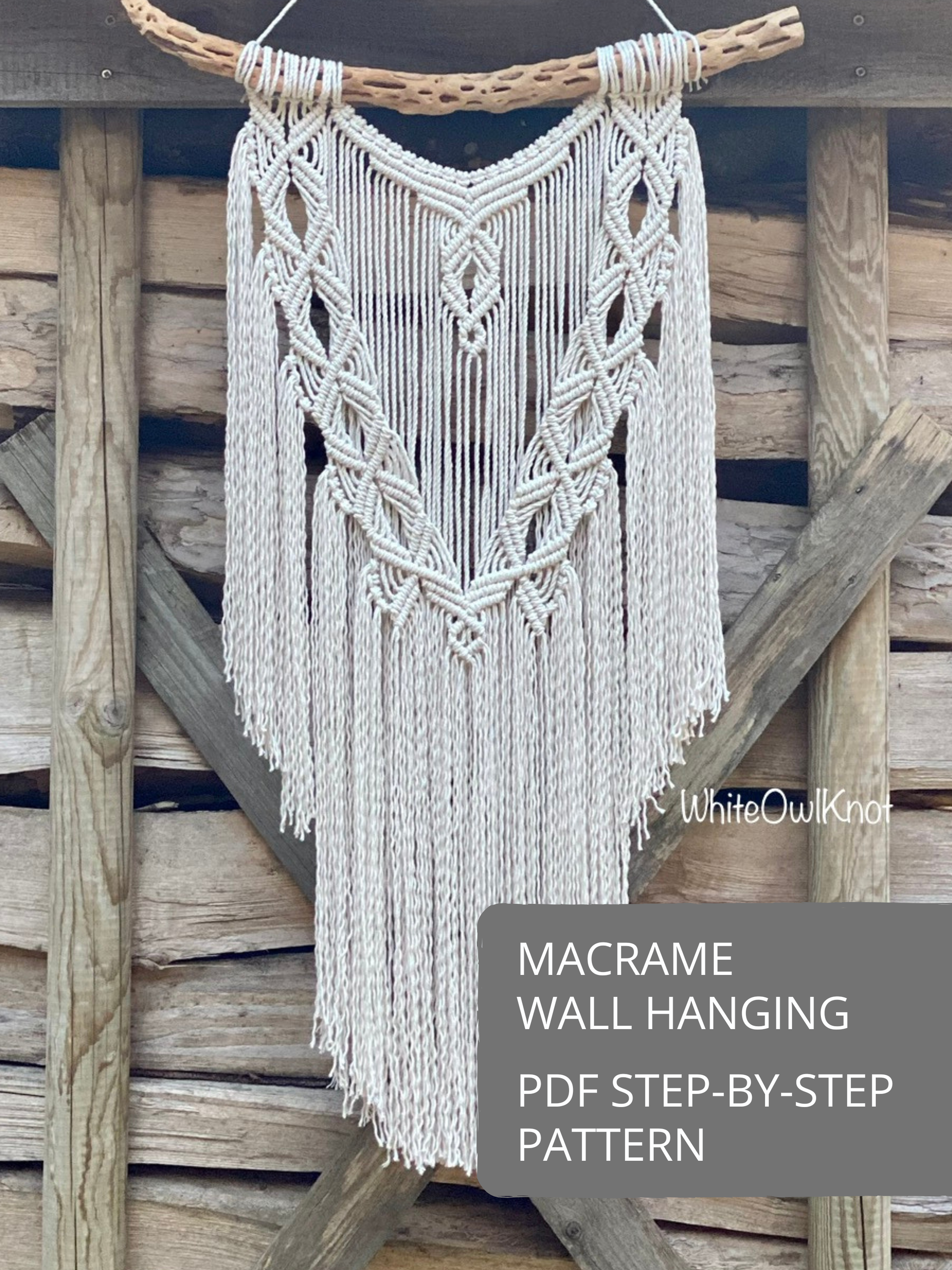 Macramé wall hanging with geometric diamond pattern and long fringe, step-by-step PDF macrame pattern for DIY wall decor