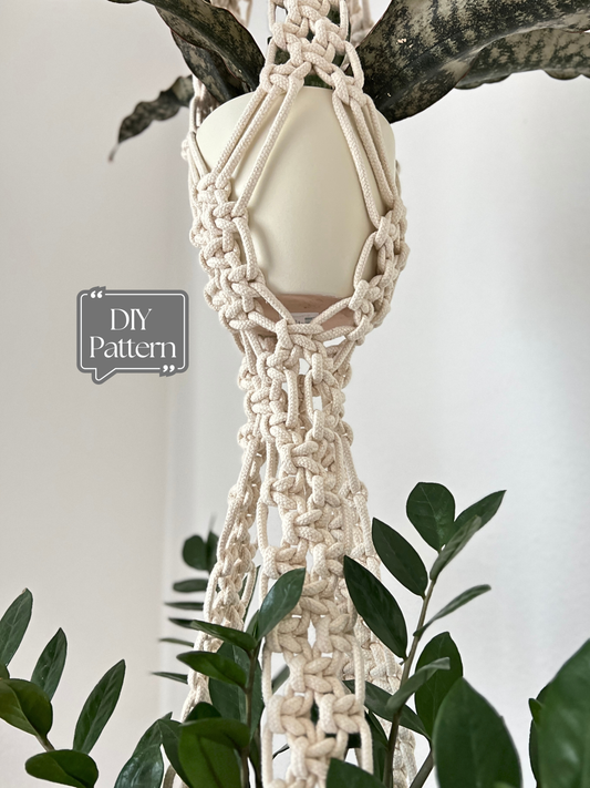 Double Macrame plant hanger with a pot on a branch against a white background