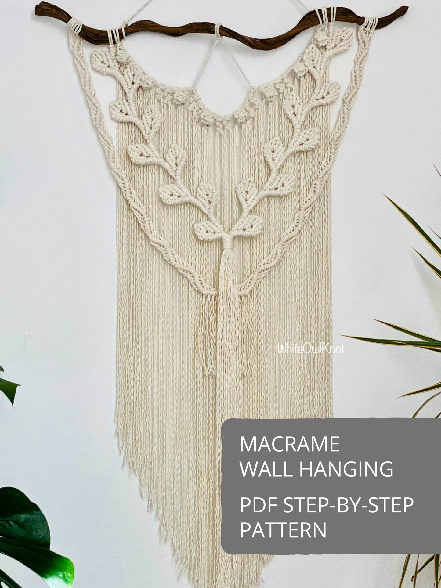 Macrame wall hanging pattern with vine, leaves details and long fringe, DIY PDF step-by-step macrame wall decor tutorial