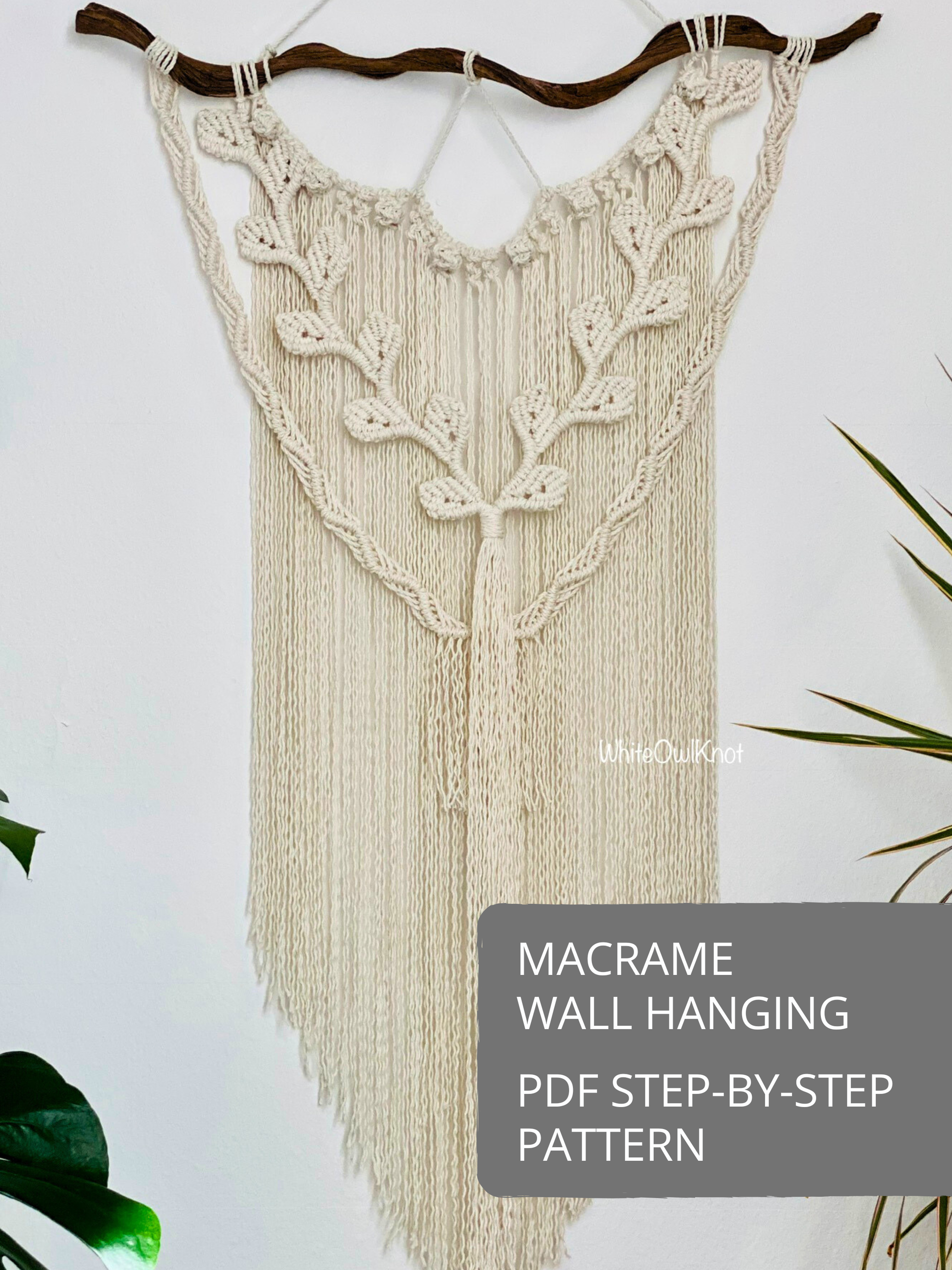 Macrame wall hanging pattern with vine, leaves details and long fringe, DIY PDF step-by-step macrame wall decor tutorial