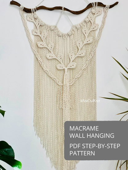 Macrame wall hanging pattern with vine, leaves details and long fringe, DIY PDF step-by-step macrame wall decor tutorial