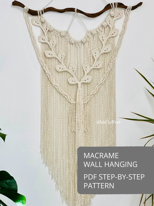 Macrame wall hanging pattern with vine, leaves details and long fringe, DIY PDF step-by-step macrame wall decor tutorial