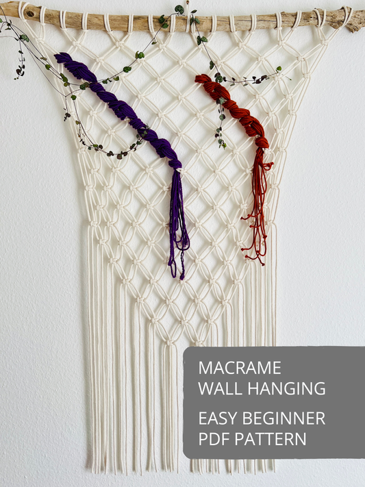 Macrame wall hanging pattern for beginners featuring an open diamond knot design, long fringe, and natural cotton cord, shown as an easy beginner macramé example.