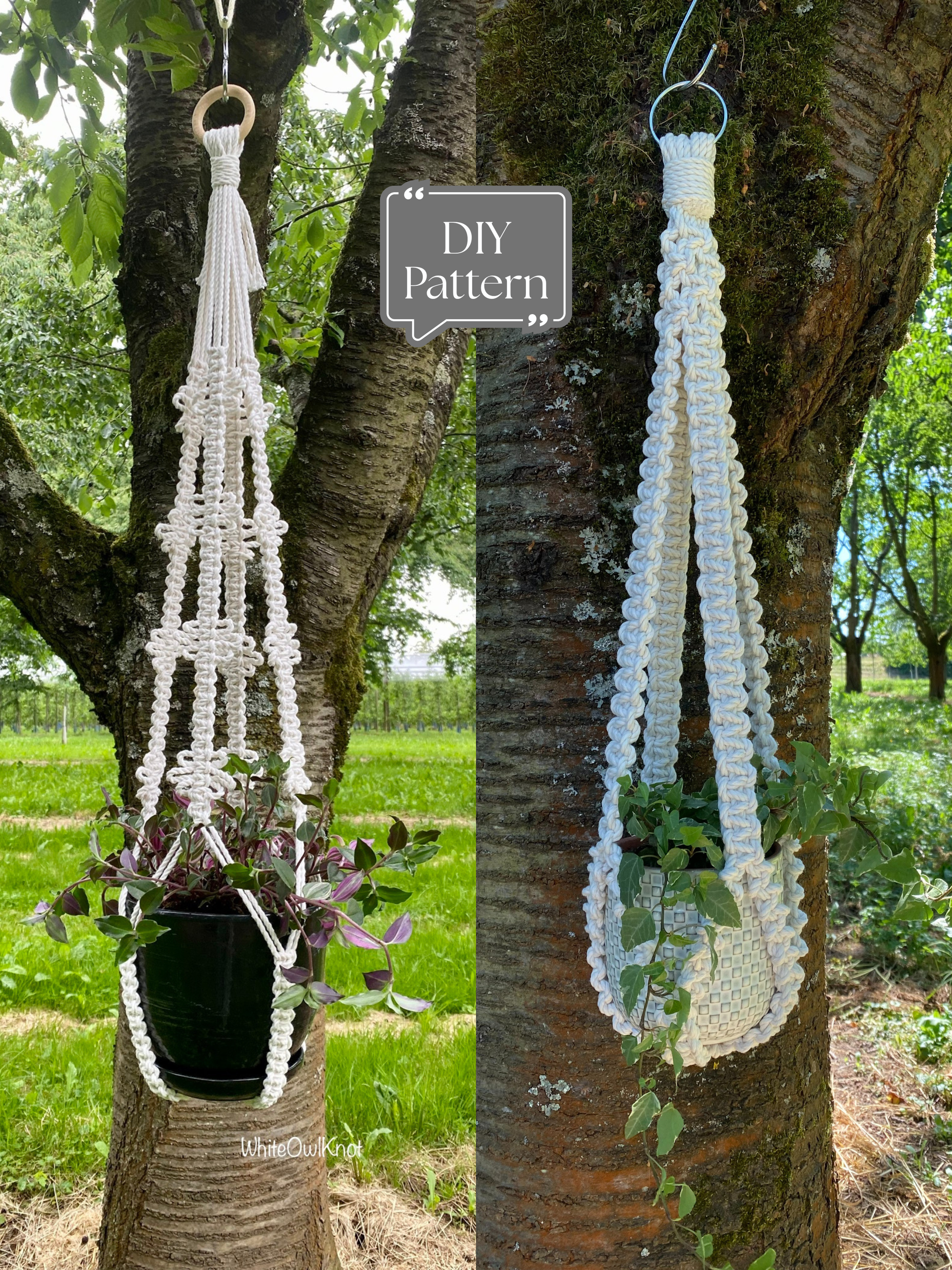 Set of two white macramé plant hangers hanging outdoors on a tree, featuring clean bottom designs without tassels; shown as a DIY macramé PDF pattern with modern minimalist style.