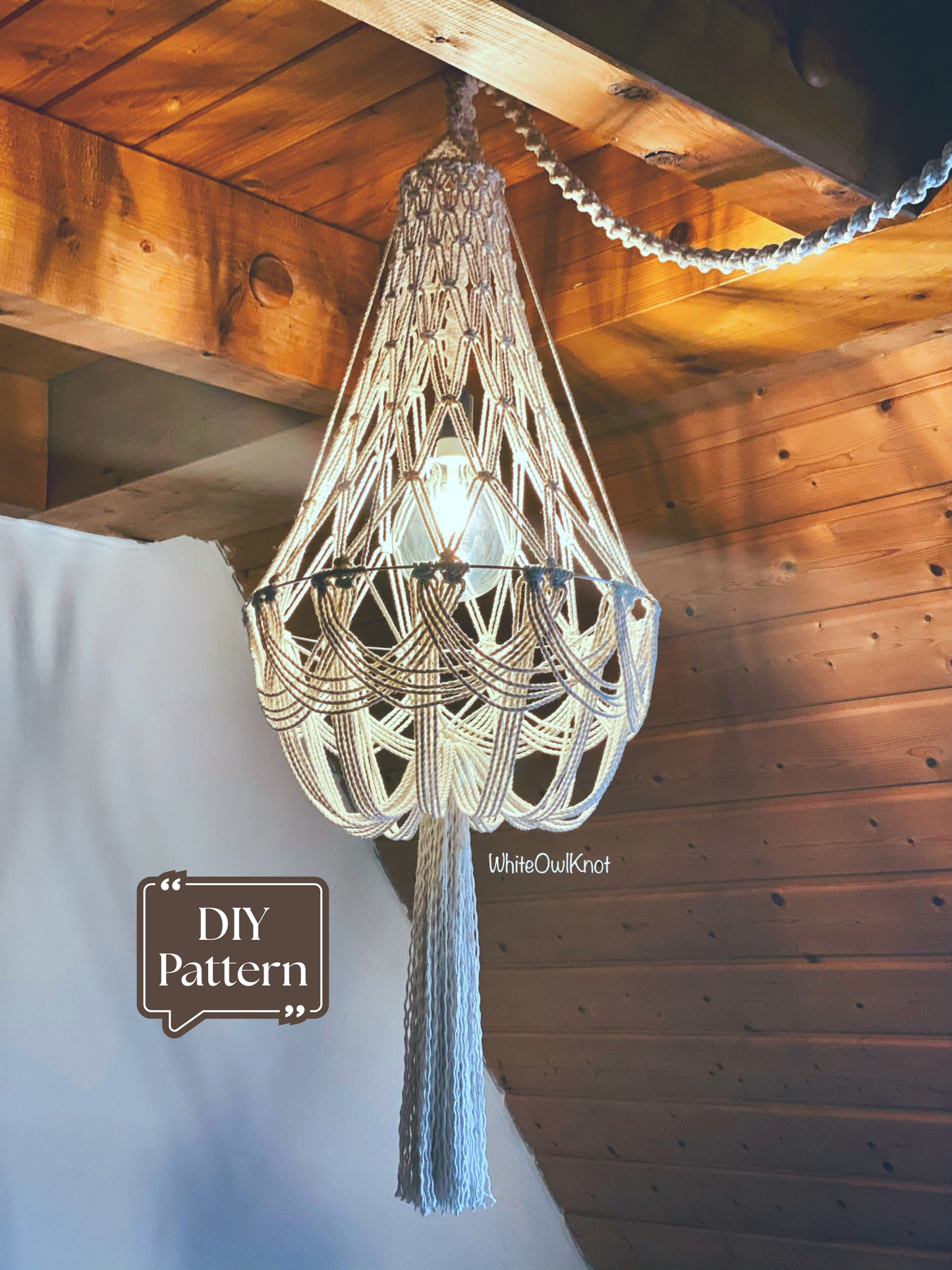Boho macrame chandelier hanging from wooden ceiling, handmade rope pendant light DIY pattern