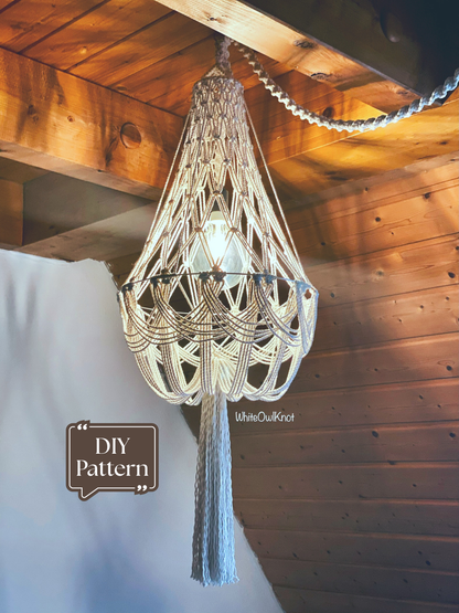Boho macrame chandelier hanging from wooden ceiling, handmade rope pendant light DIY pattern