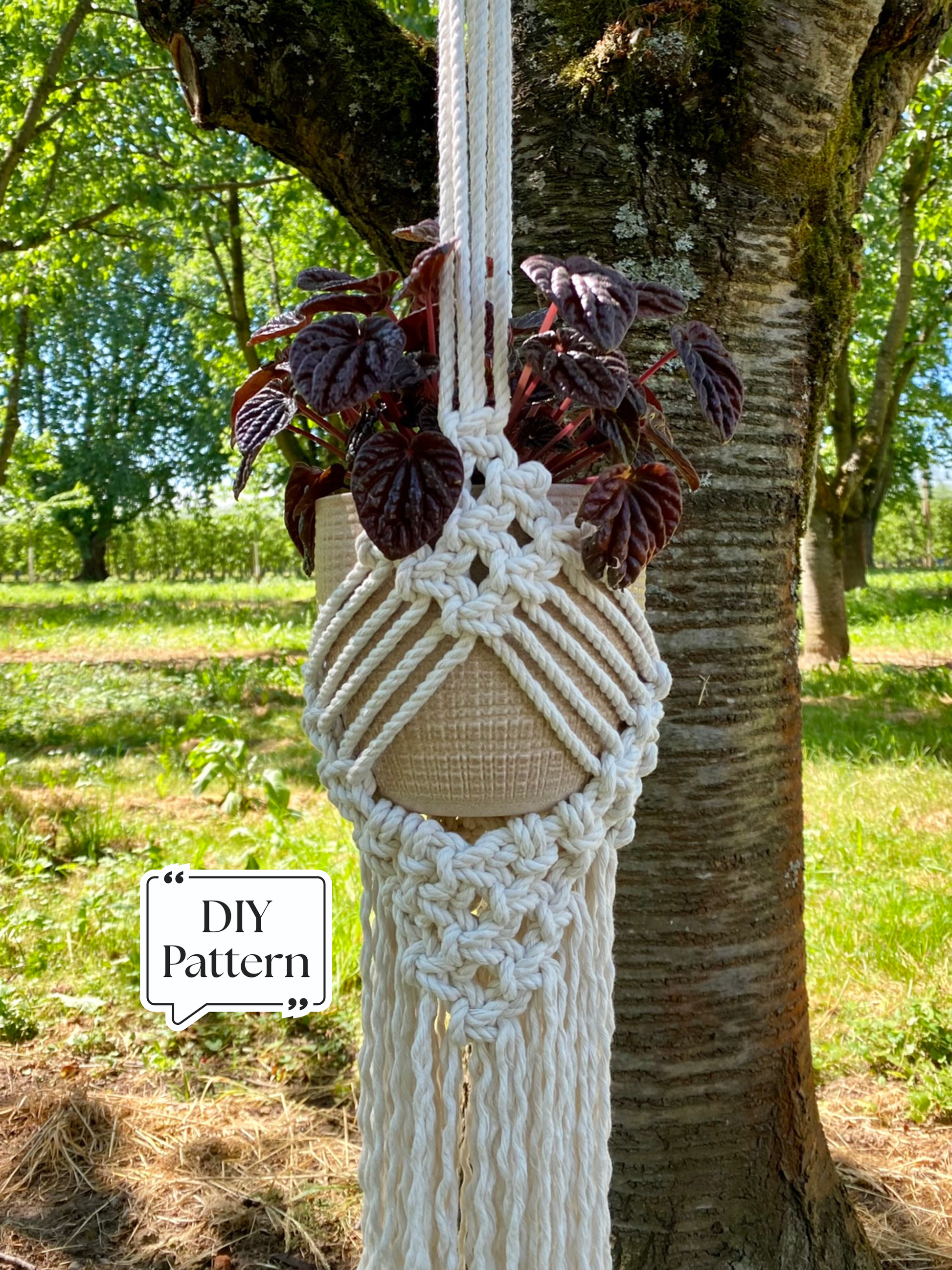 Handmade macramé plant hanger with textured geometric knot pattern, holding a fabric planter with a leafy houseplant, photographed outdoors on a tree, DIY macramé pattern example.