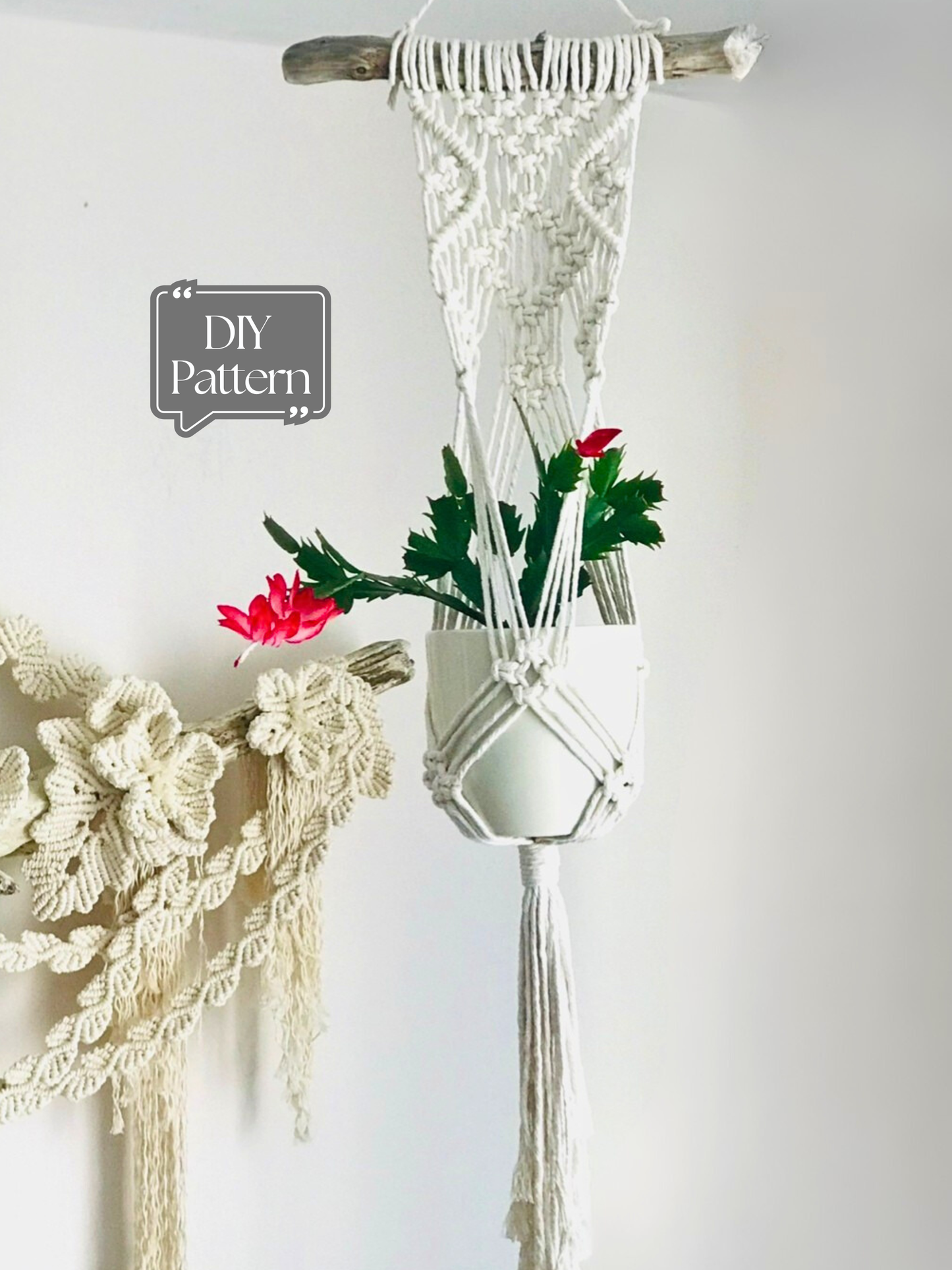 Macrame plant hanger with flowers on a white background, featuring 'DIY Pattern' text.