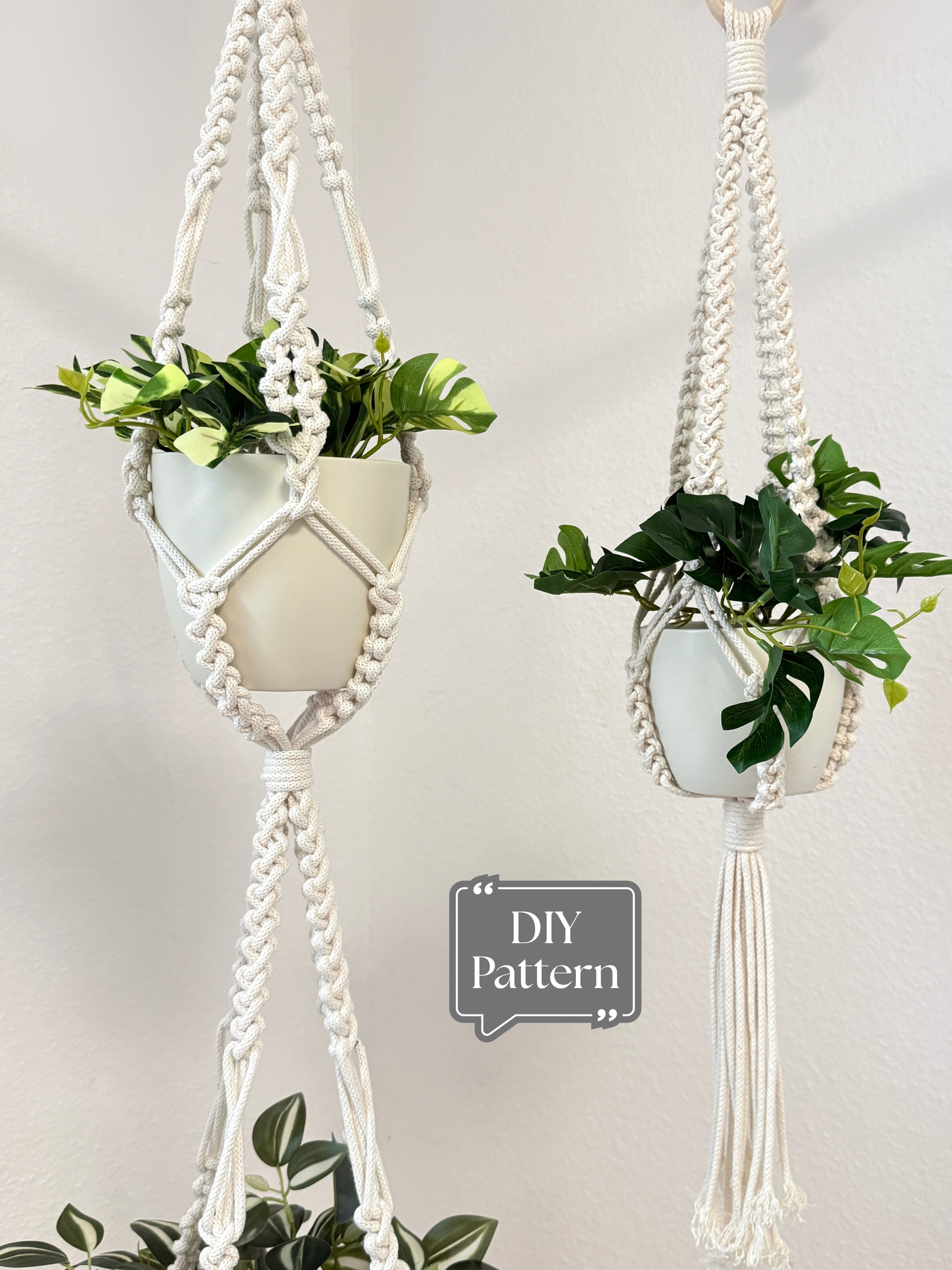 White macramé single and double plant hangers in the same design style, holding potted plants indoors against a white wall; DIY macramé PDF pattern for both styles.