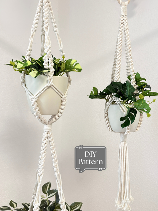 White macramé single and double plant hangers in the same design style, holding potted plants indoors against a white wall; DIY macramé PDF pattern for both styles.