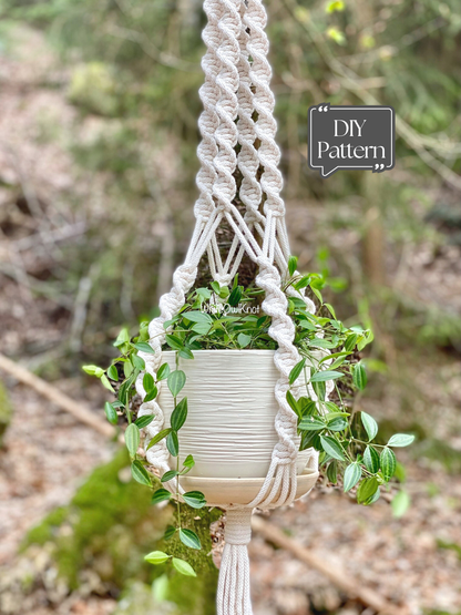 Macrame plant hanger with a plant against a natural background