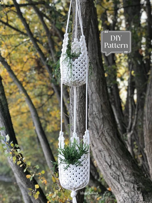 White macrame plant hangers hanging from a tree with 'DIY Pattern' text overlay.