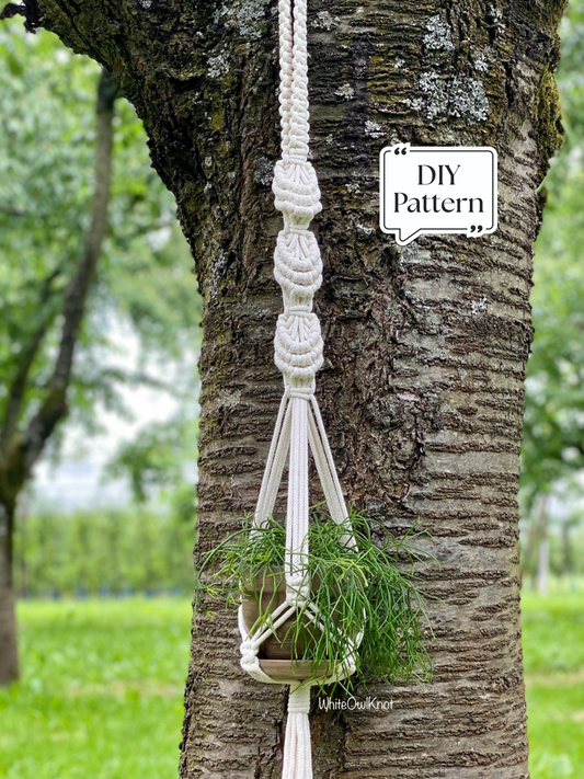 Macrame plant hanger hanging from a tree with a 'DIY Pattern' label.