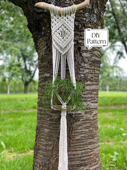 Macrame plant hanger hanging on a tree with 'DIY Pattern' text overlay.