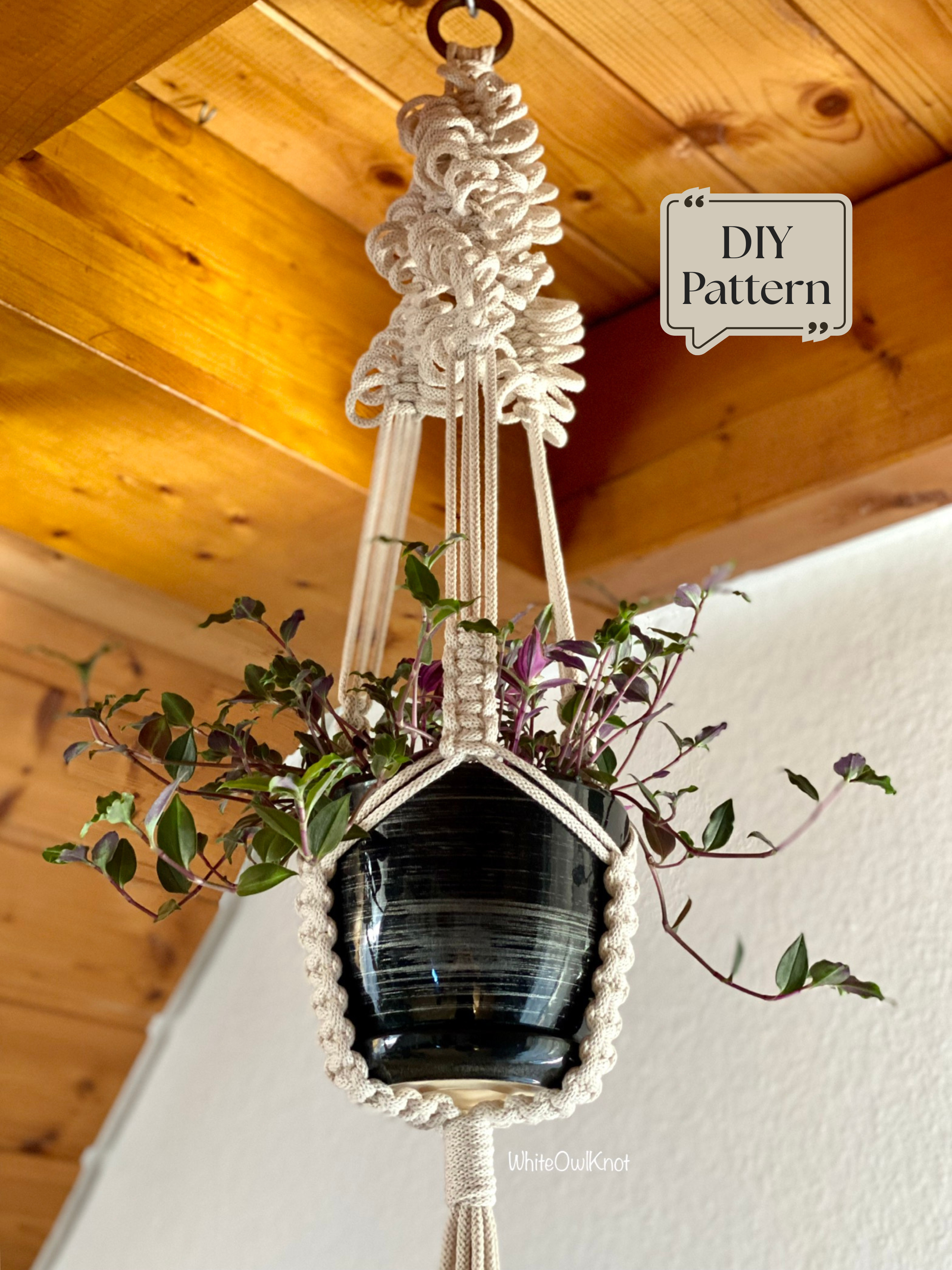 DIY macrame plant hanger PDF pattern in natural cotton cord holding a black planter with trailing plant, boho hanging planter tutorial for home decor