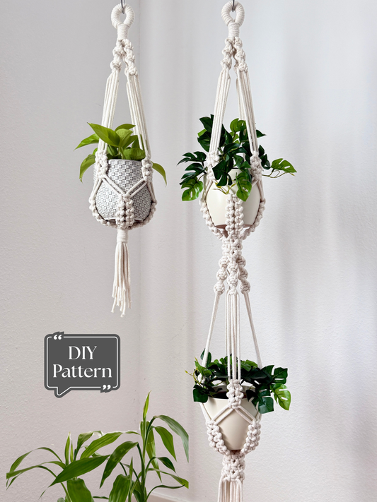 Set of macrame plant hangers including single and double designs with potted green plants, DIY pattern example
