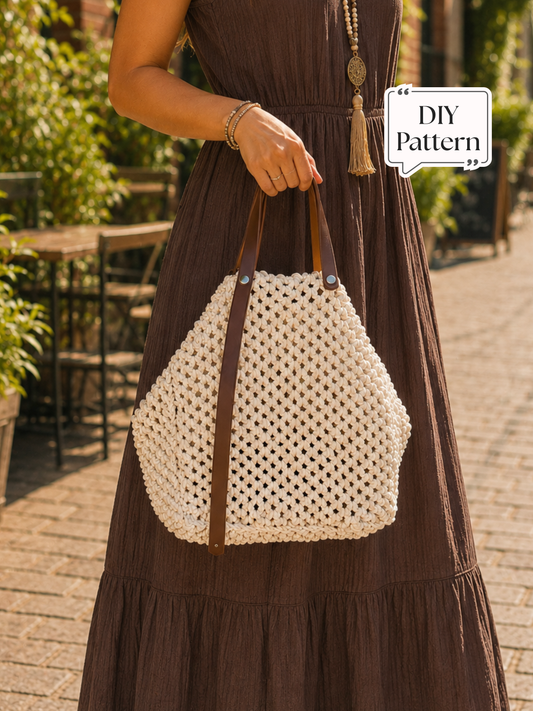 Stofftasche mit Ledergriffen Makramee-Muster, Boho-Mode-Tragetasche