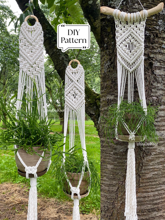 Set of three white macramé plant hangers with geometric knot designs, hanging outdoors on trees with potted plants; DIY macramé PDF pattern set.