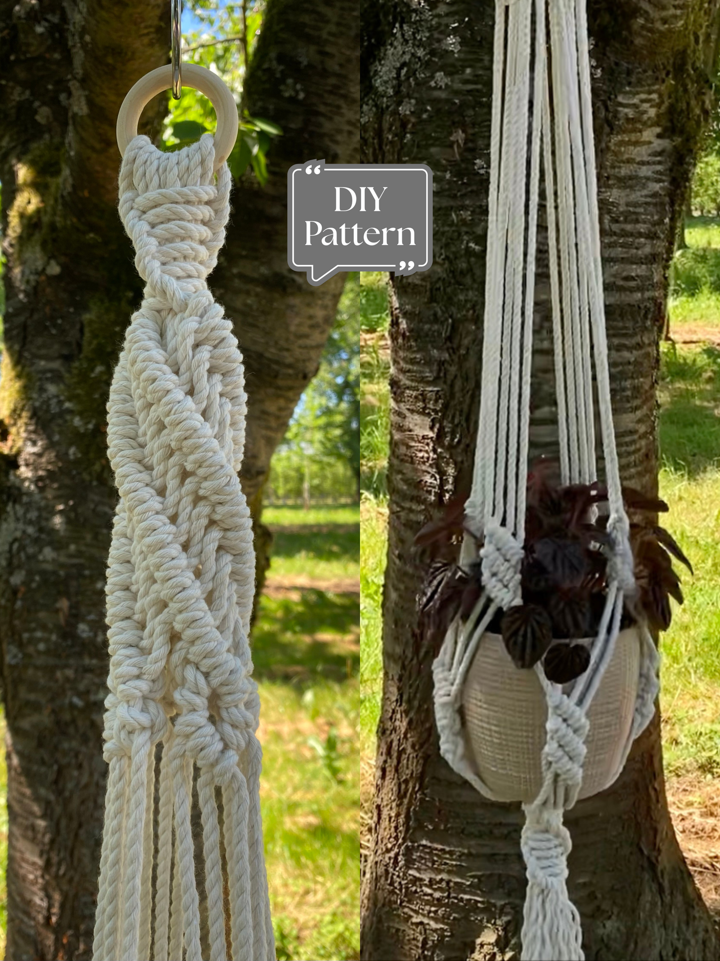 White macramé plant hanger with a spiral knot design holding a potted plant, hanging outdoors on a tree; DIY macramé PDF pattern.