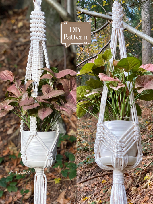 Two macrame plant hanger designs with white pots and pink green plants, DIY pattern comparison example