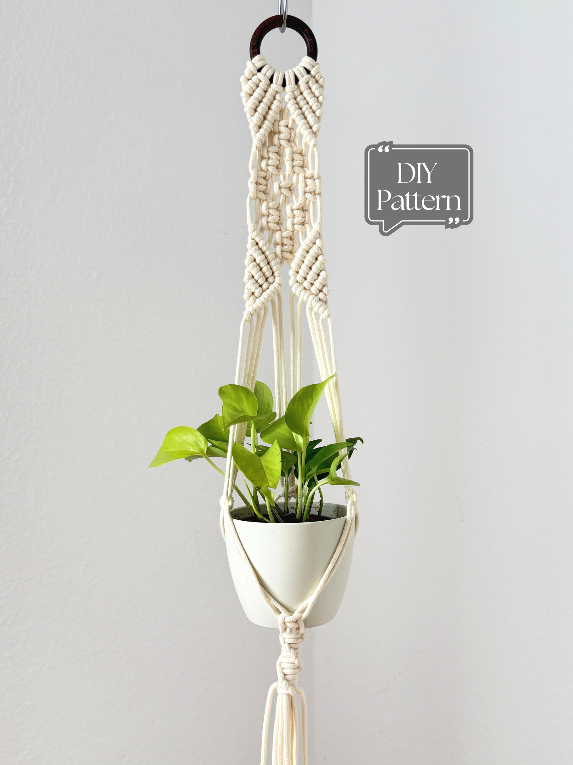 Macrame plant hanger with a plant on a gray background, featuring 'DIY Pattern' text.