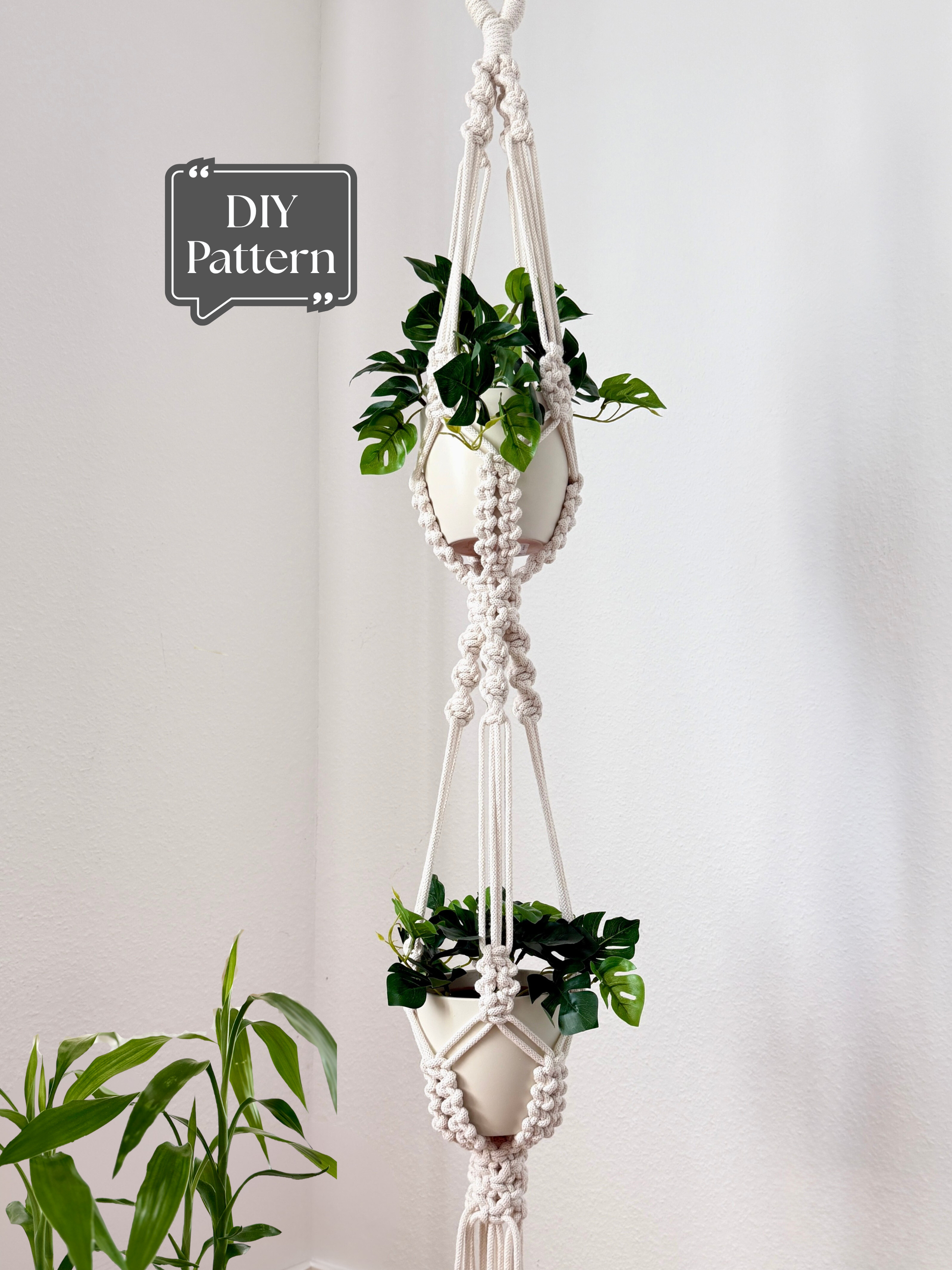 Double macrame plant hanger with two white pots and green plants, hanging boho style planter DIY pattern example