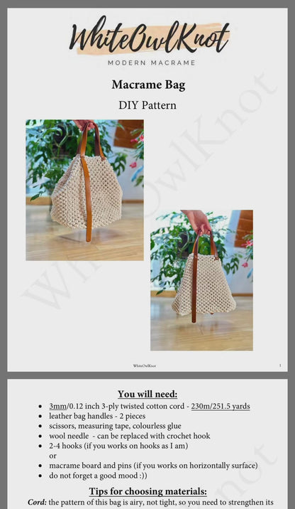 Tote Bag with Leather Handles Macrame Pattern, Boho Fashion Tote