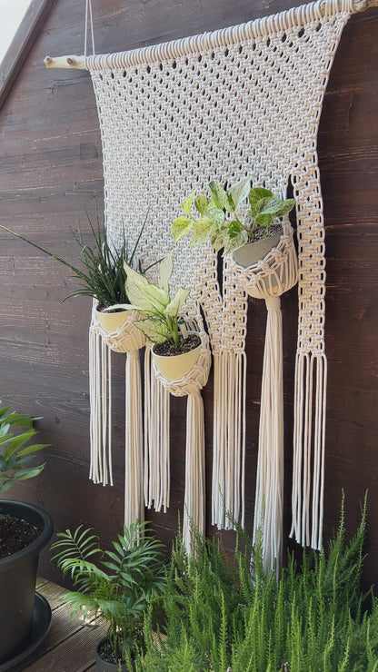 Triple Wall Planter Macrame Pattern, Wall Hanging with Potted Plants DIY